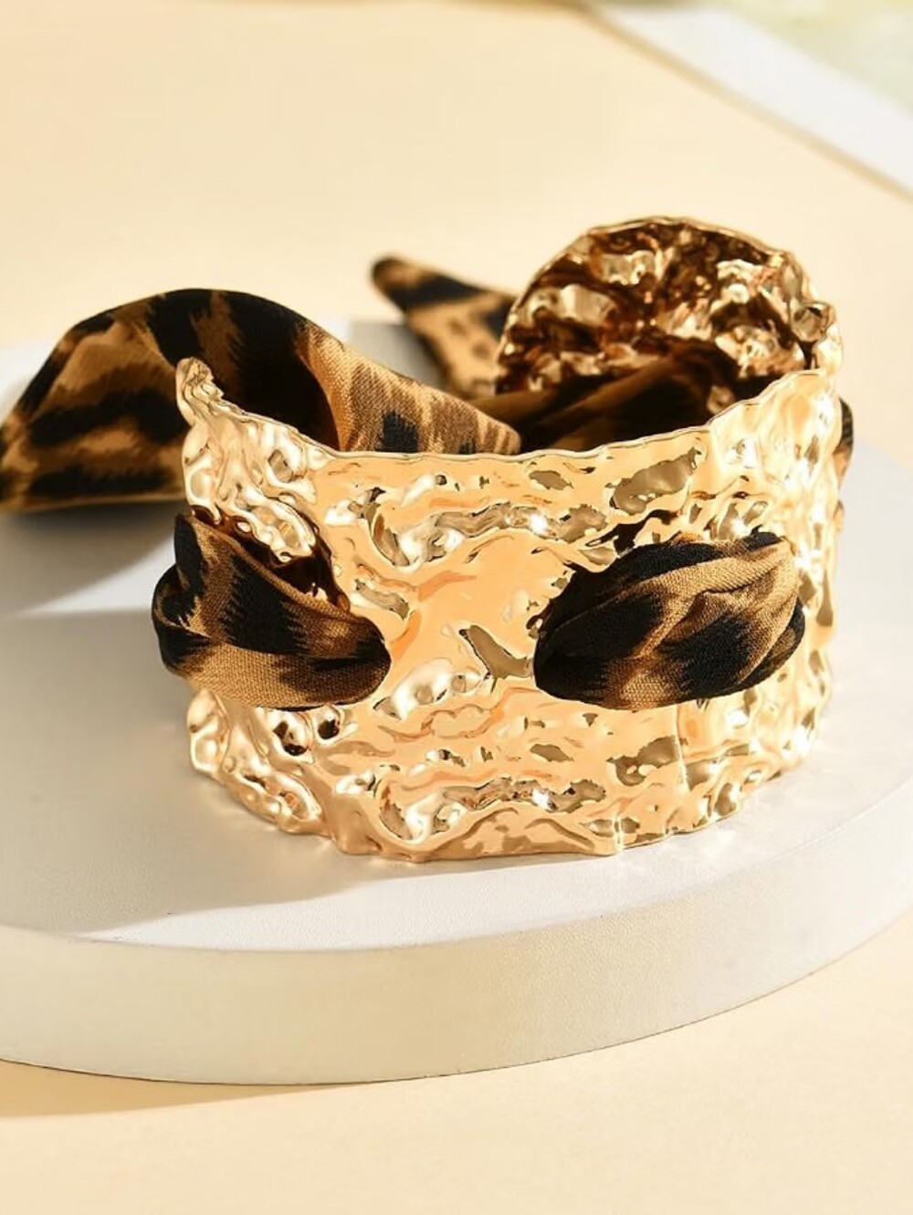 Chunky Gold Hammered Bracelet Leopard Print Scarf Cuff Bangle Stackable